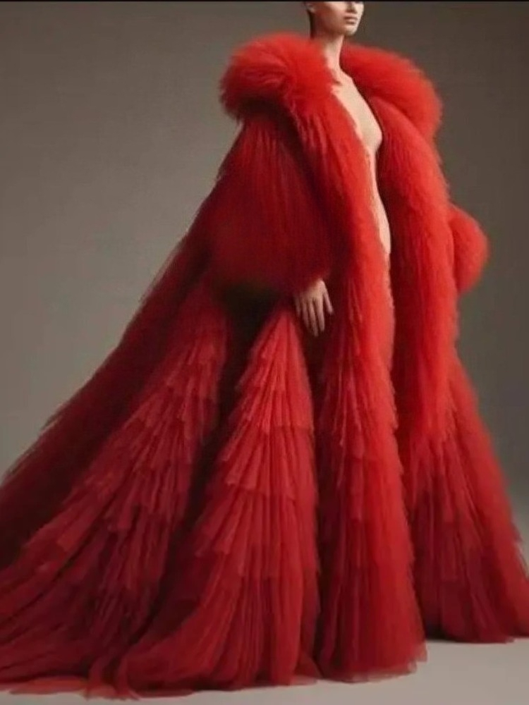 Women'S Red Formal Wear - เสื้อคลุมยาวสีแดงฟูฟ่อง แต่งระบายจีบ แขนยาว ผ้าทูลหลายชั้น แจ็คเก็ตผู้หญิง ผ้าคลุมไหล่ฟูฟ่อง