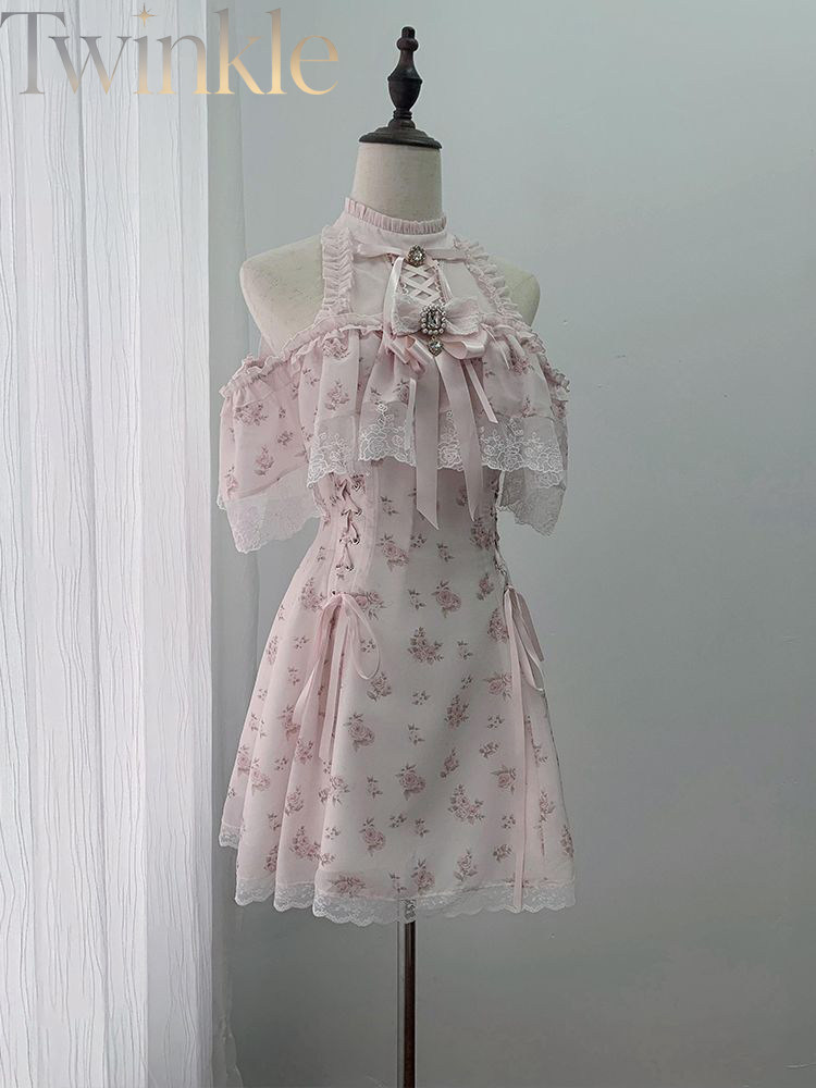 Midi Dress - ชุดเดรสเปิดไหล่ลายดอกไม้สำหรับฤดูร้อน สไตล์ญี่ปุ่น เอวสูง สง่างาม ความยาวปานกลาง น่ารัก