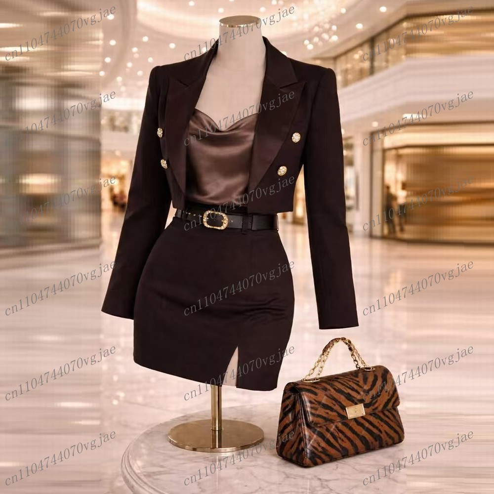 Formal Skirt - ชุดสูทผู้หญิงสีน้ำตาลเข้มแบบทางการใหม่ เสื้อเบลเซอร์และกระโปรง ชุดทำงานสุภาพสตรี ชุดทักซิโด้สำหรับงานแต่งงานของแม่ ชุด 2