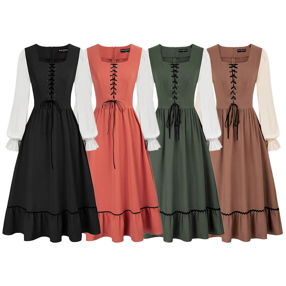 Midi Dress - ชุดเดรสทรงเอไลน์สีพื้นสไตล์วินเทจยุคกลางสำหรับผู้หญิง ชุดคอสเพลย์แนวคาวบอย ชุดคอสเพลย์สงครามกลางเมือง