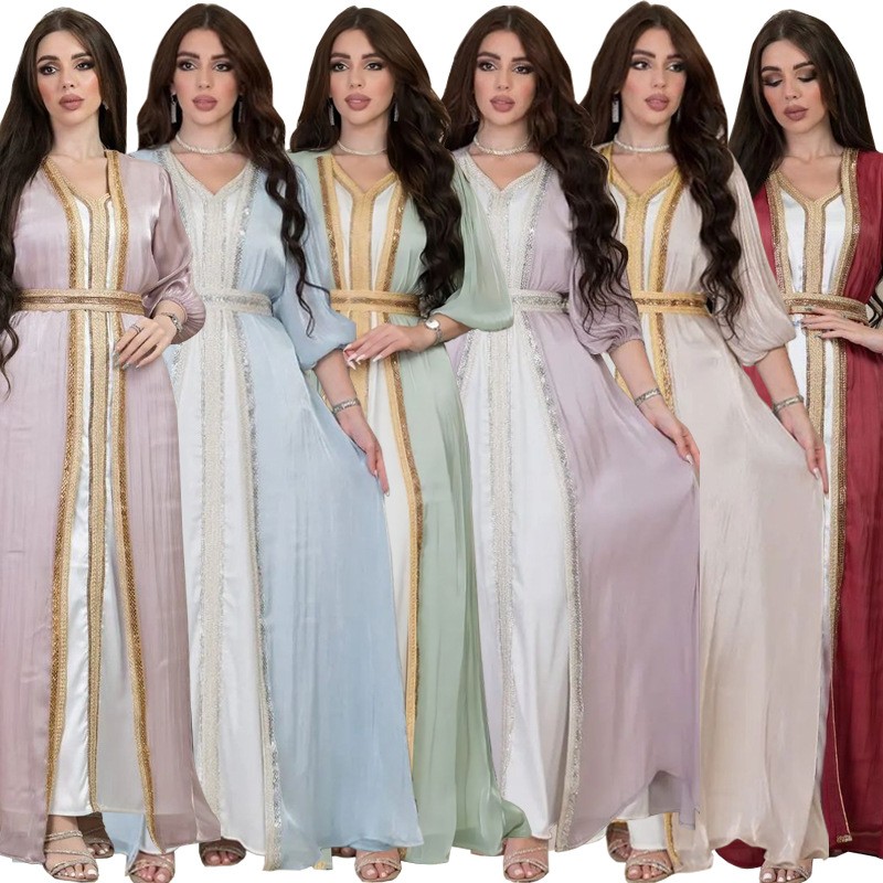Formal Dress - ชุดเดรสเลื่อมสีลาเวนเดอร์ คอวี แขนพอง ผ้าซาติน คาดเข็มขัด ยาวถึงพื้น