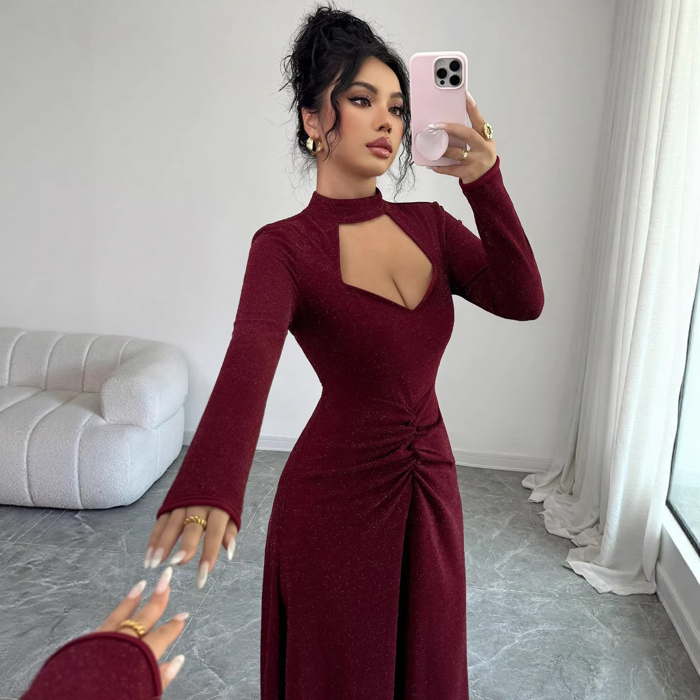 เดรสทรงเข้ารูปสีพื้นแบบมีจีบ ร - Midi Dress บทวิจารณ์และราคา