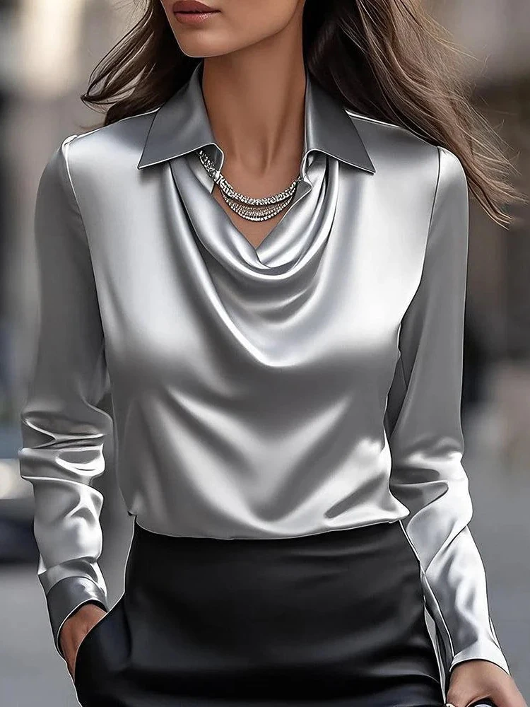 เสื้อเบลาส์ผ้าซาตินแขนยาวคอวีป - Silk Blouse บทวิจารณ์และราคา